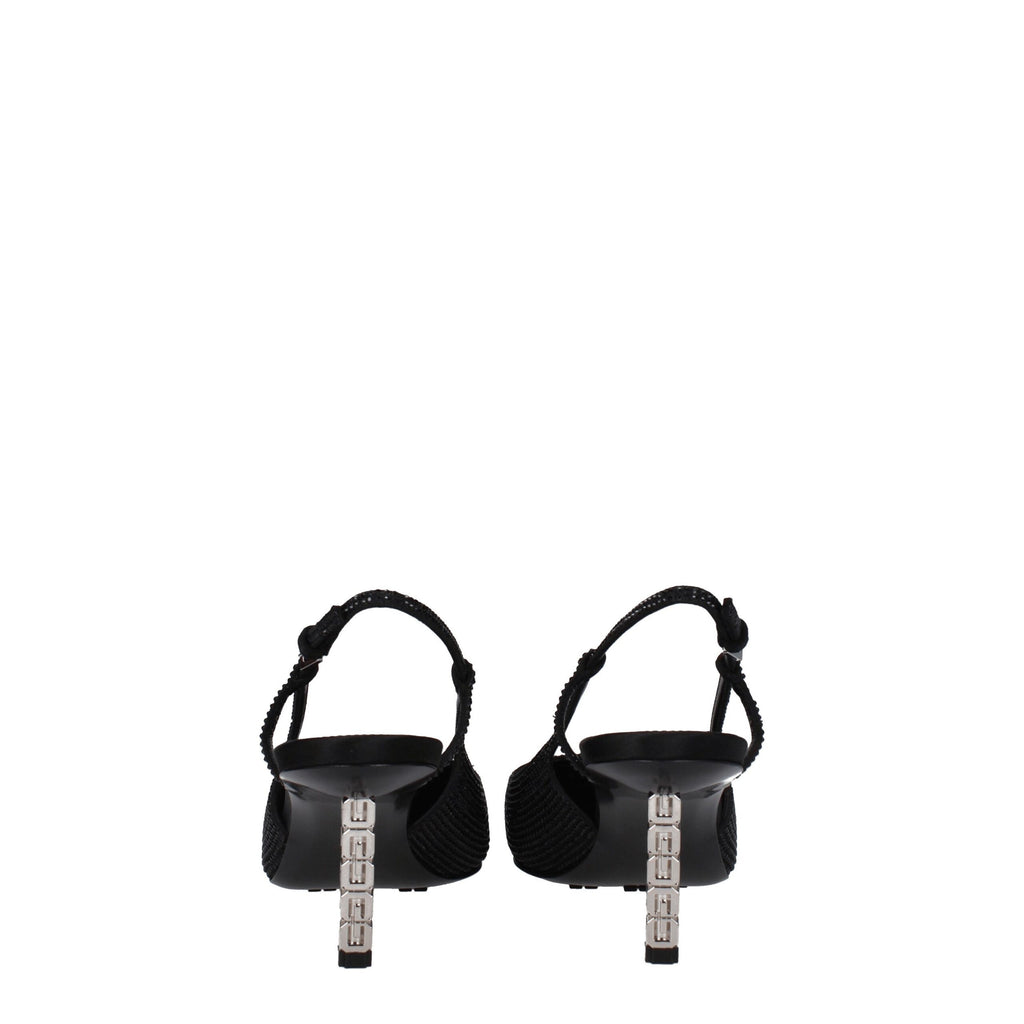 Black high-heeled fabric pumps