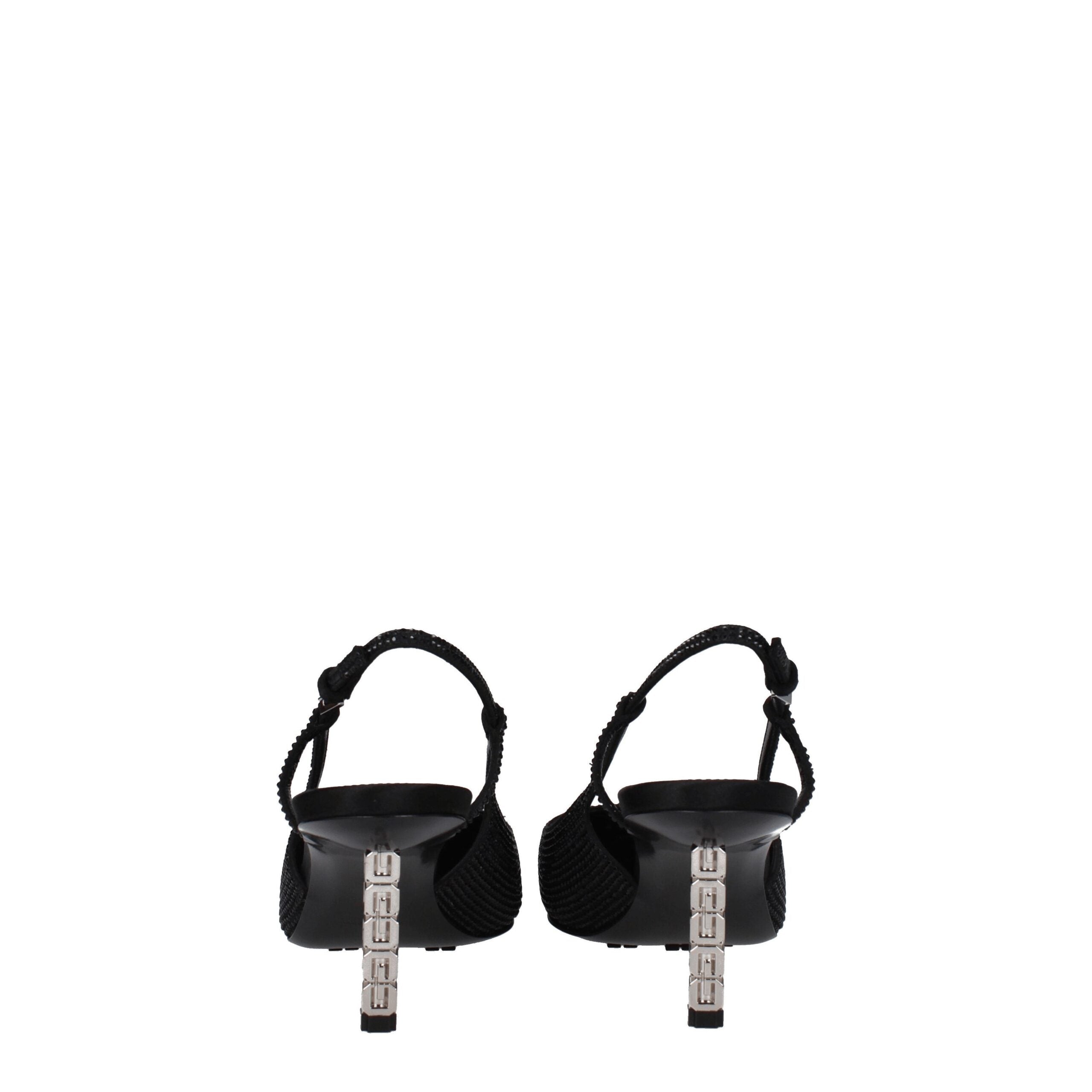Black high-heeled fabric pumps