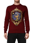 Maglione pullover in cashmere bordeaux con stemma del leone