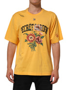 Cotton crewneck t-shirt with "Yellow Secret Garden" floral print