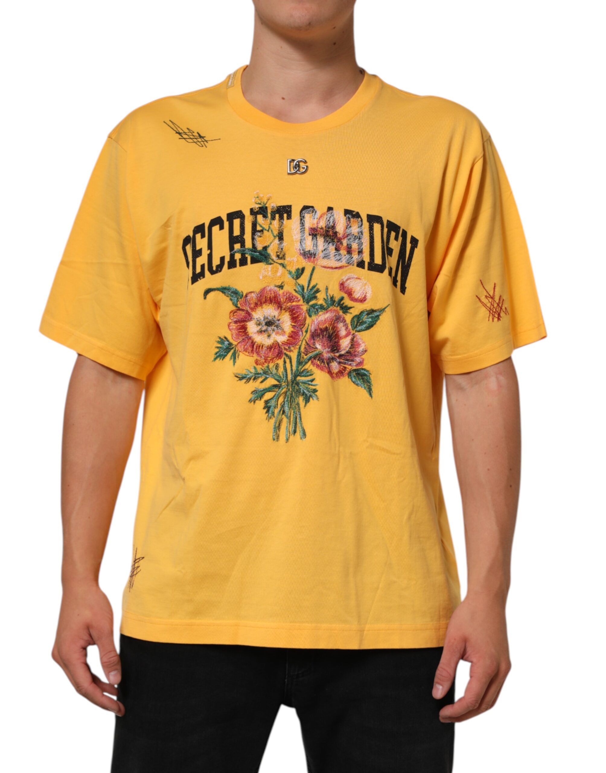 Maglietta a girocollo in cotone con motivo floreale “Yellow Secret Garden”