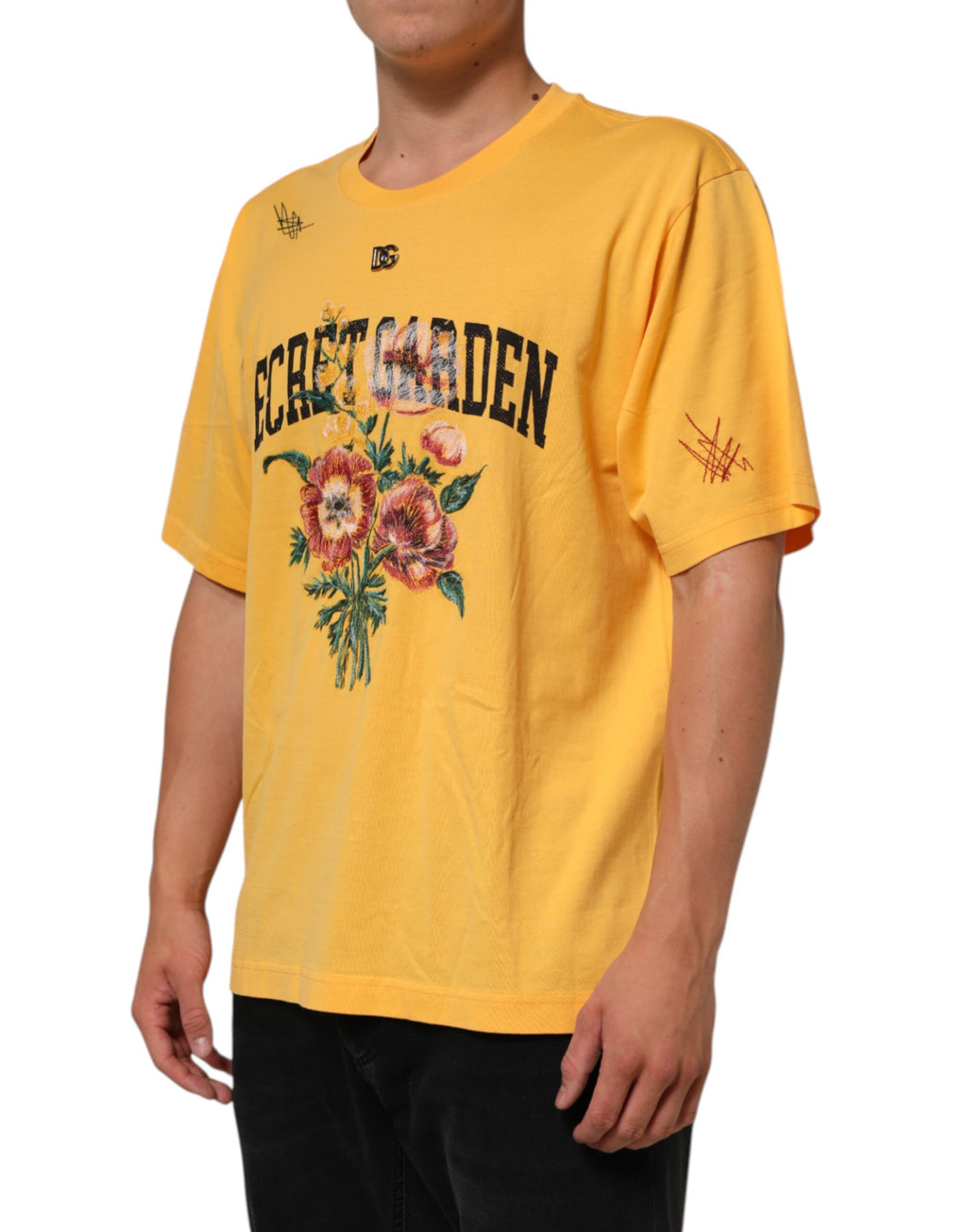 Cotton crewneck t-shirt with "Yellow Secret Garden" floral print